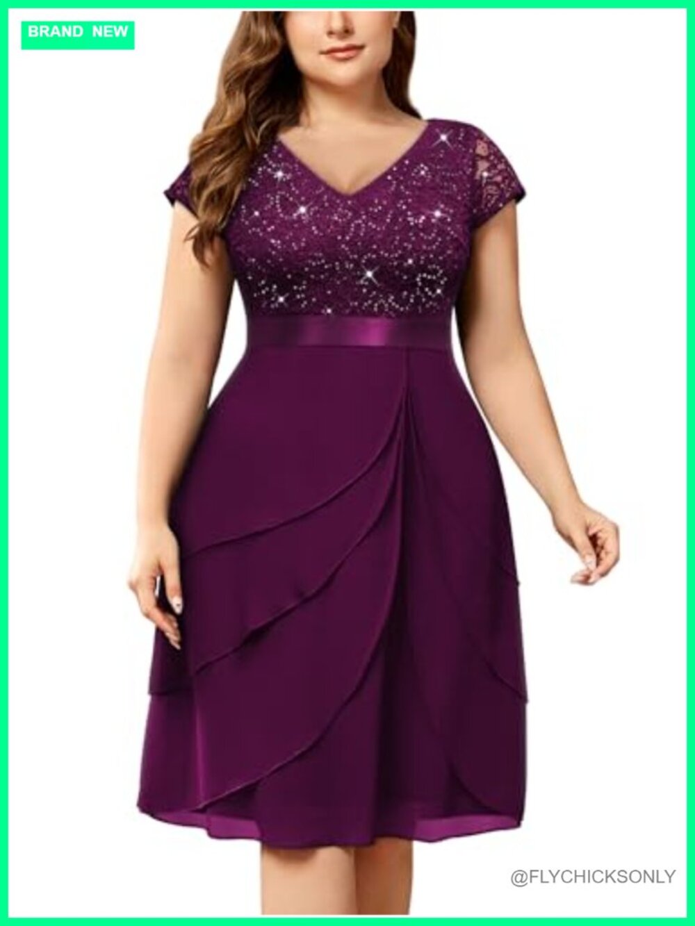 Plus Size Sequin Lace V Neck Chiffon Cocktail Party Dress